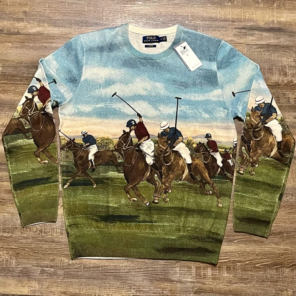 Polo Ralph Lauren Equestrian Graphic Print Polo Match 100% Cashmere Sweater Rare - Picture 6 of 8